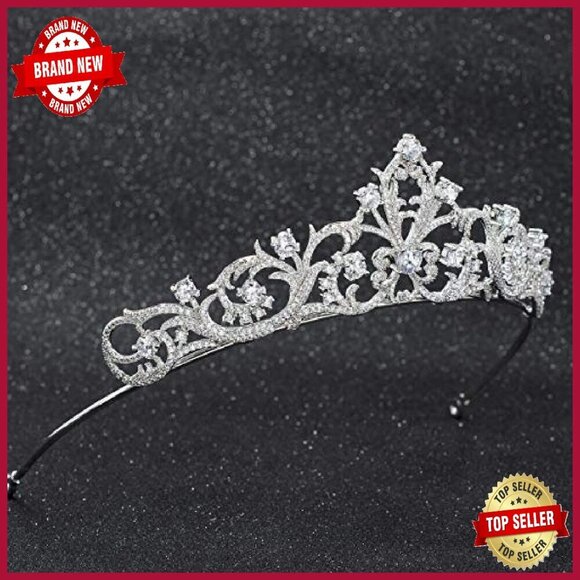 Platinum Plated Copper Wedding Tiara with Cubic Zirconia Crystals
